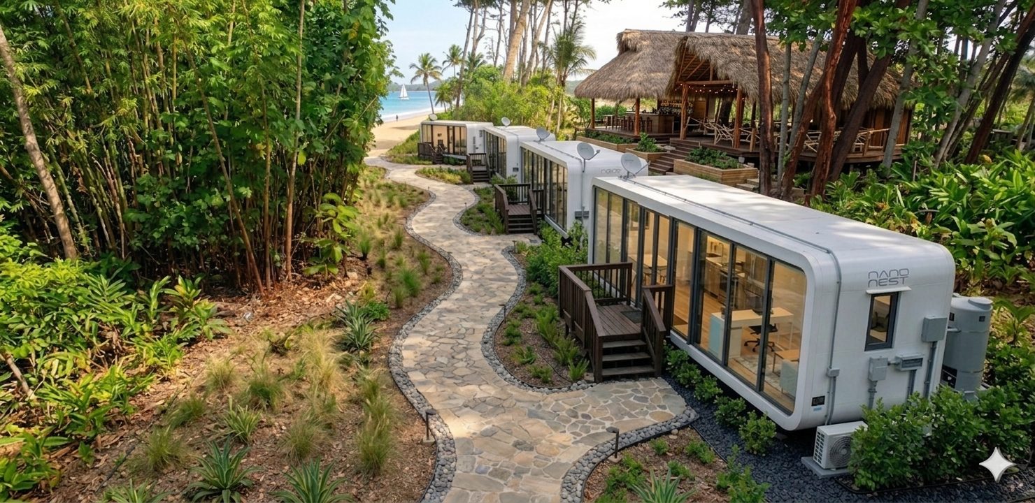 Beachfront NanoNest units with a thatched beach bar and stone path
