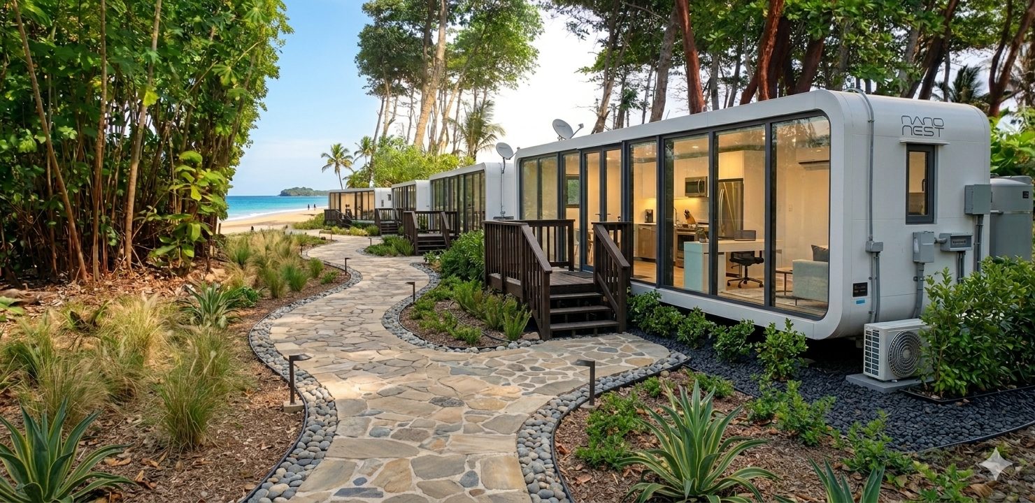 Modular beach cabin steps from the sand under coastal palms