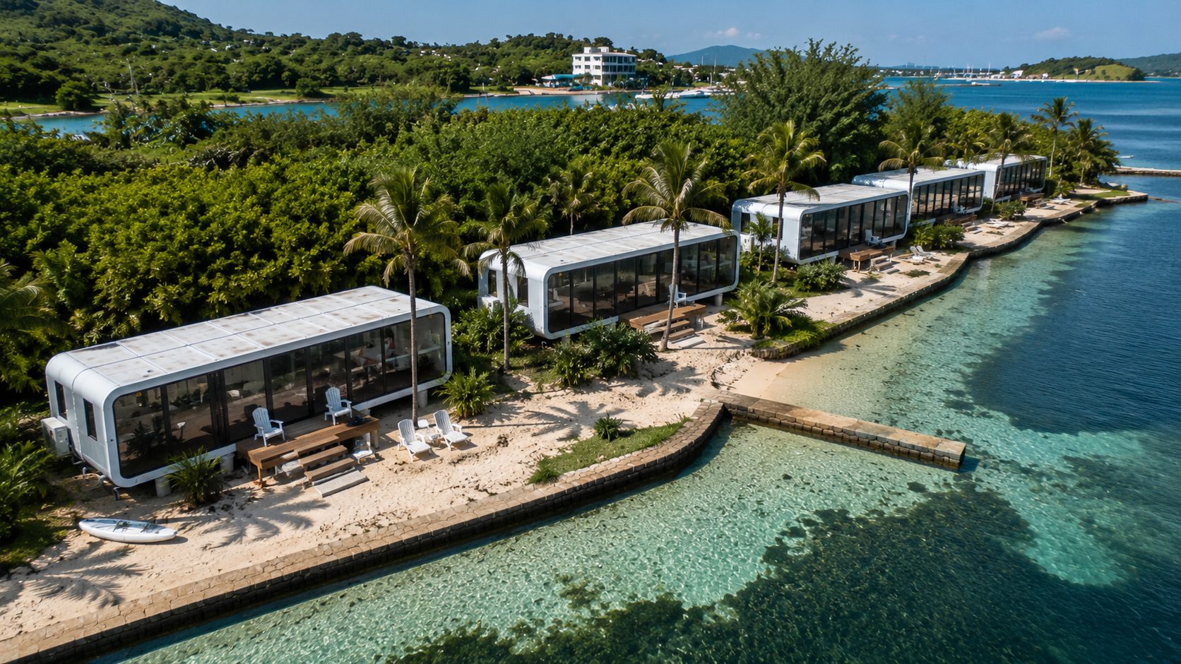Modular beach front villas lining a tropical shoreline over clear water