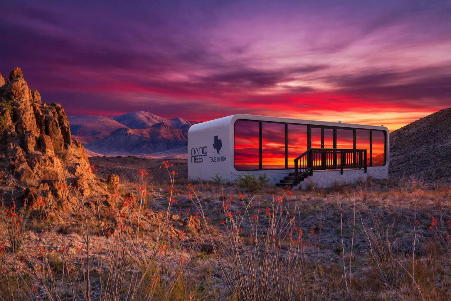 Nanonest at sunset in the Big Bend desert landscape