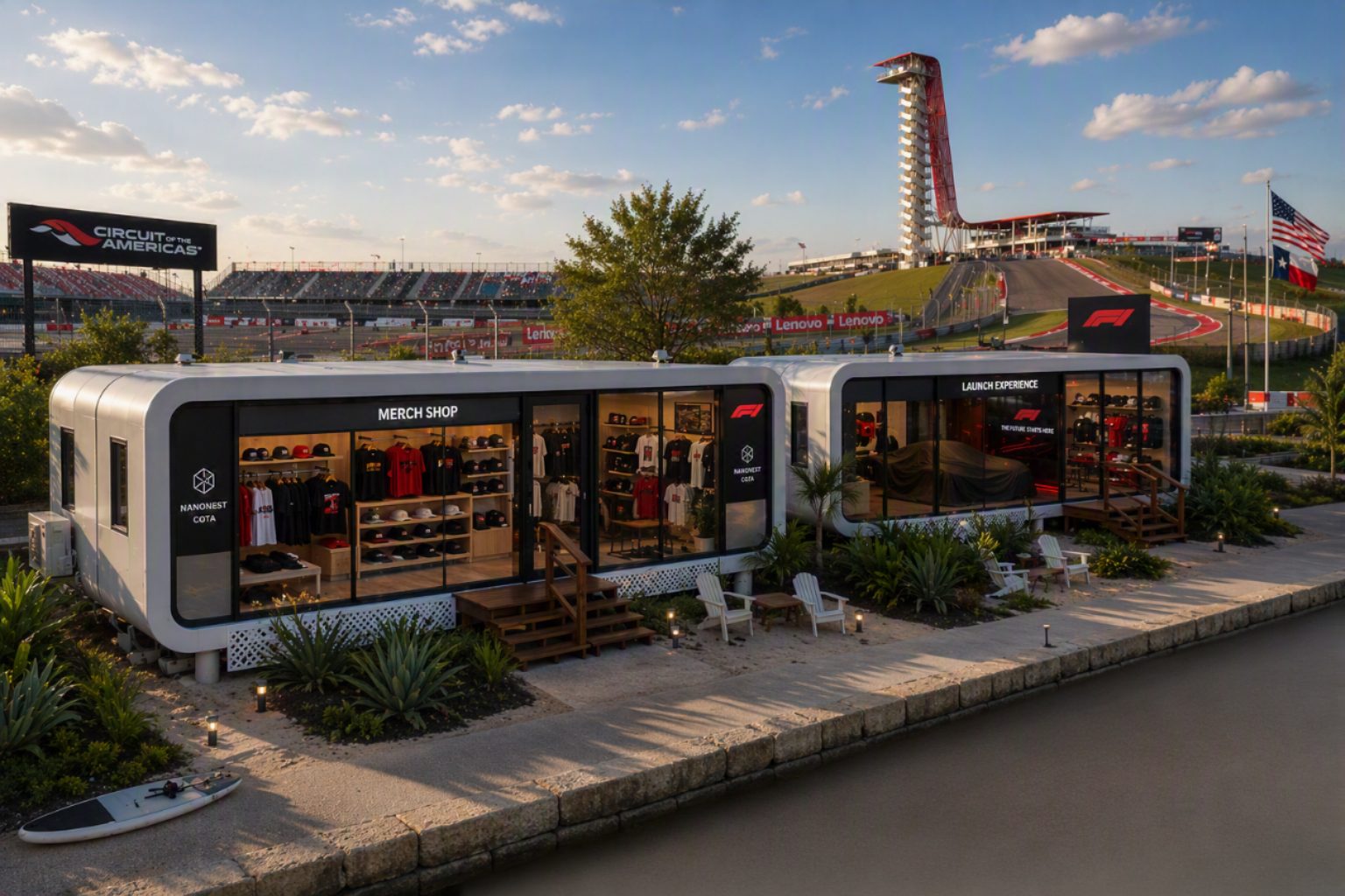 NanoNest units set up as a merch shop and vehicle launch experience — event activation concept