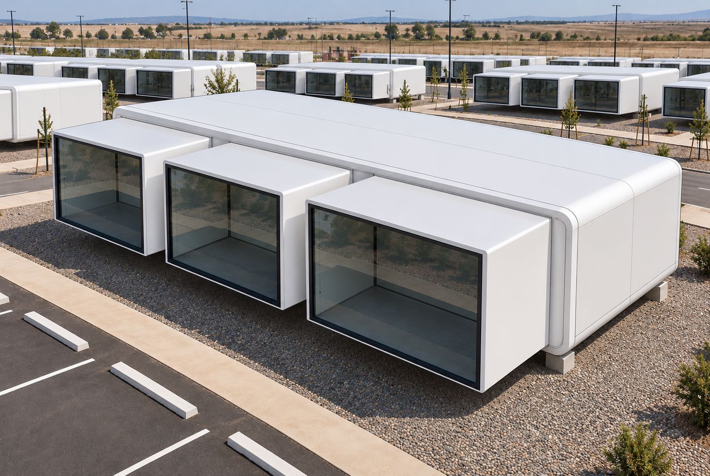 Concept rendering of DarX from the opposite corner, three glass rooms extended over a gravel pad