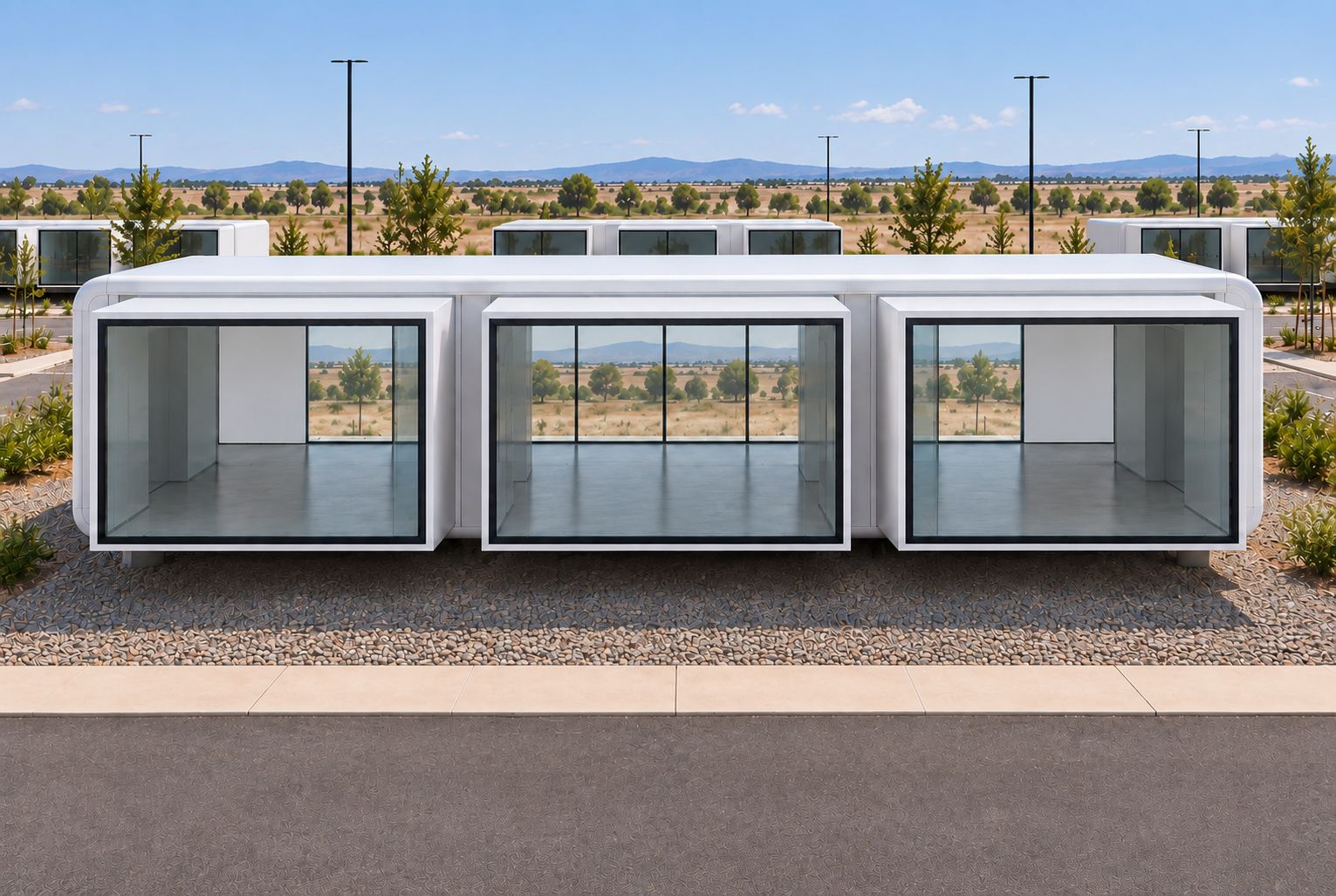 Concept rendering of DarX with its three glass rooms extended, front view
