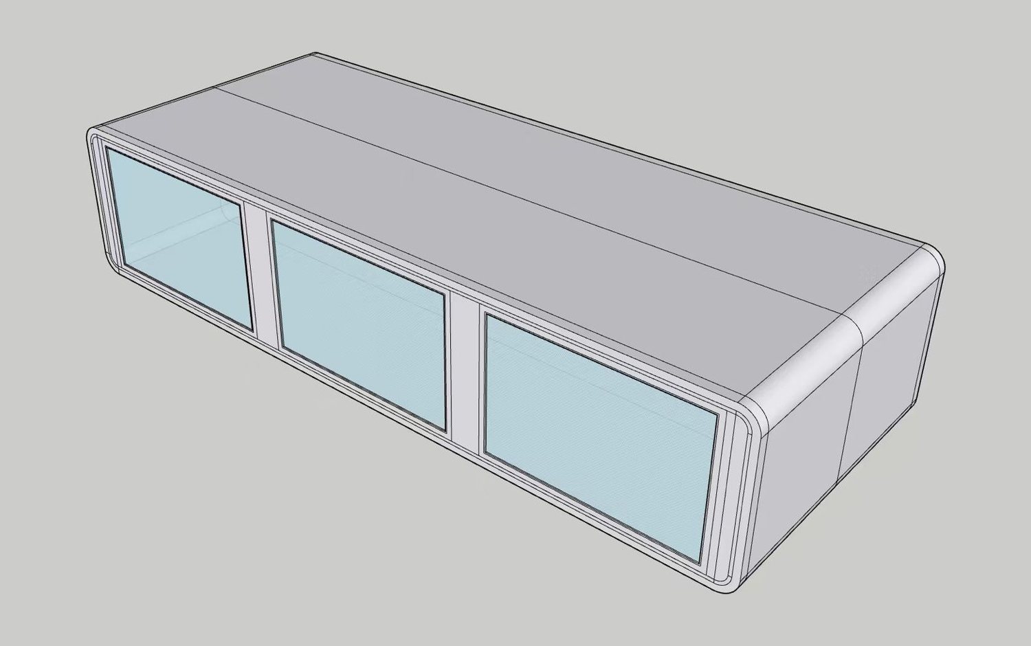 DarX design sketch, closed: one compact module with three glass fronts flush with the body