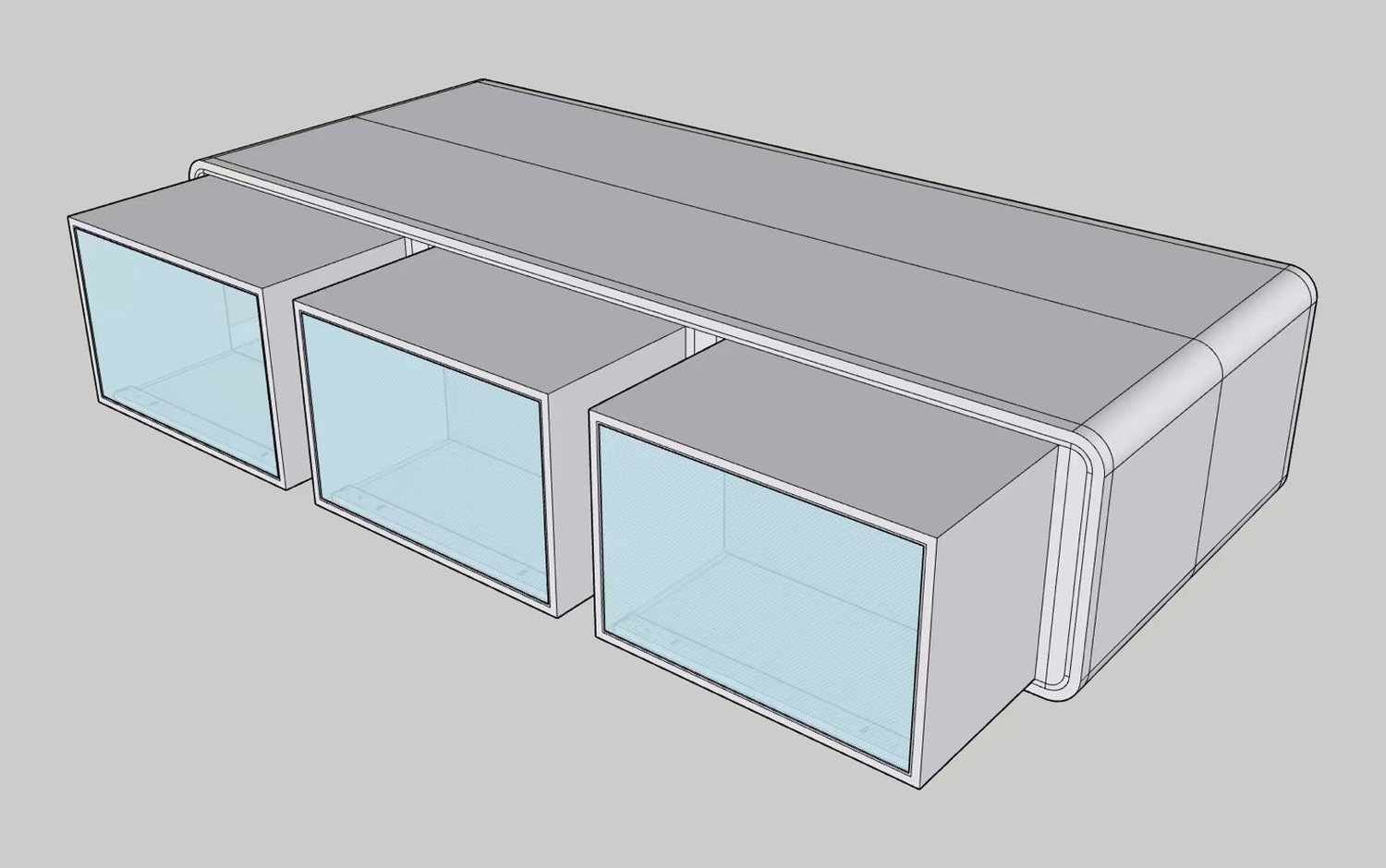 DarX design sketch, open: three glass rooms extended from the side of the body