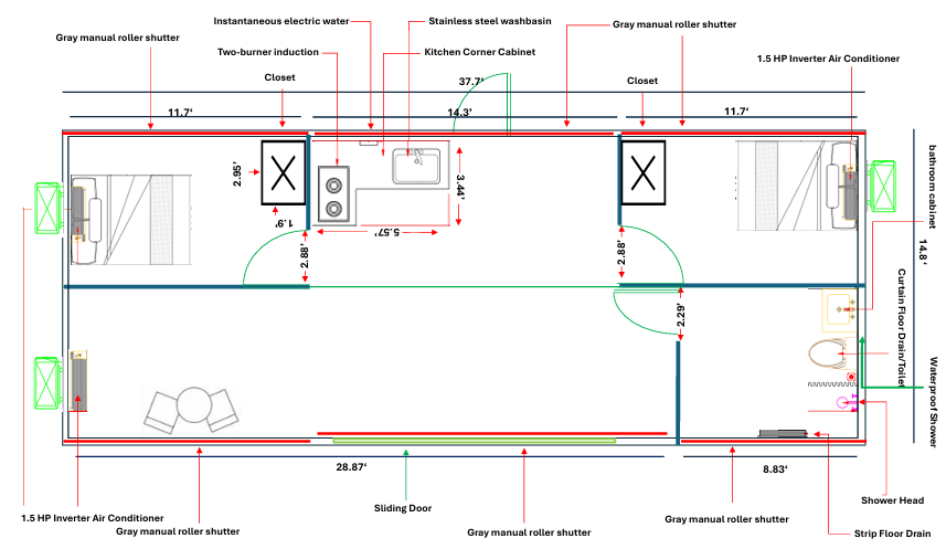 Double Unit floor plan — top view layout showing 2 beds, 1 bath, kitchen, living area