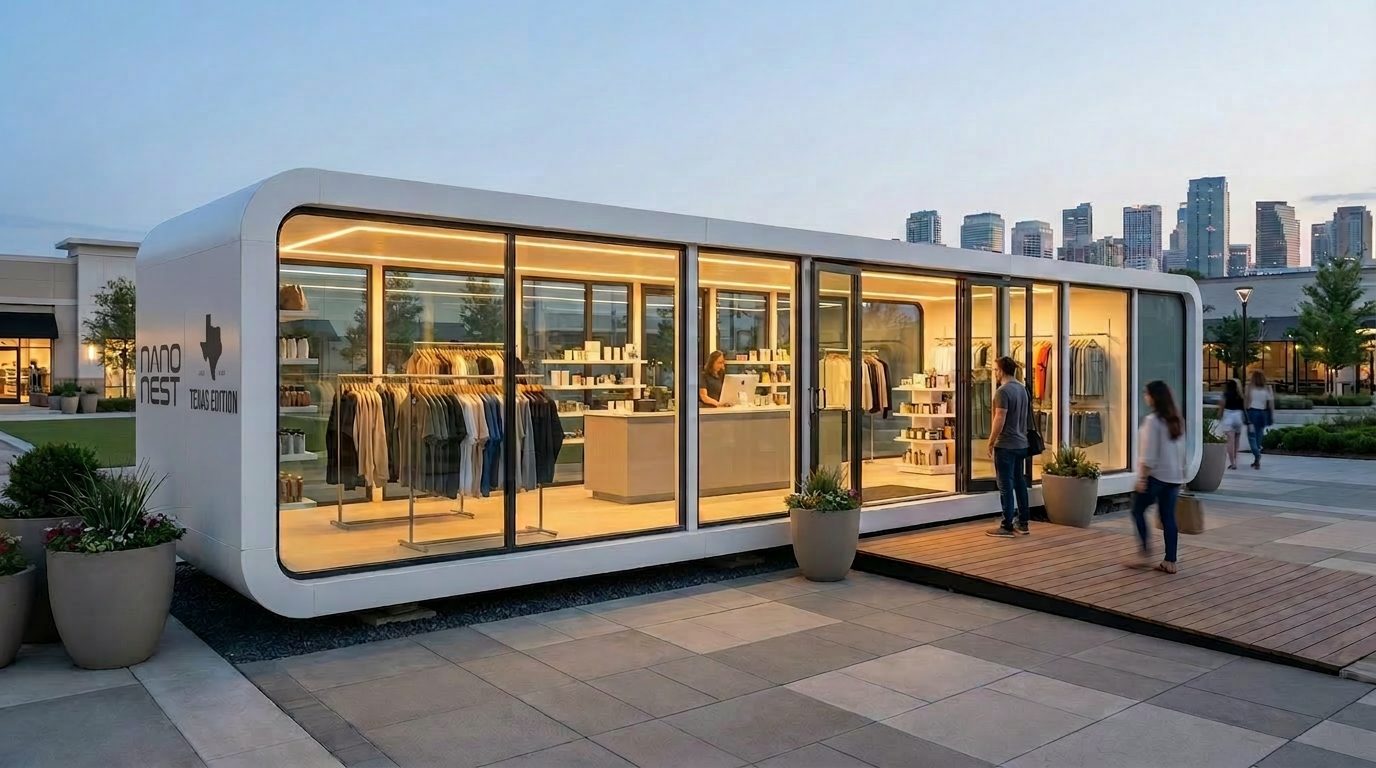 NanoNest set up as a modern retail pop-up shop in a city plaza