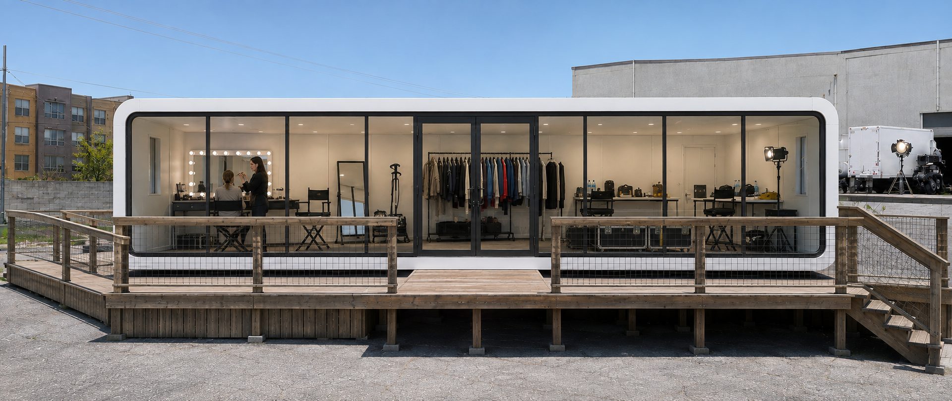 NanoNest unit fitted out as a glam and wardrobe space on a production lot