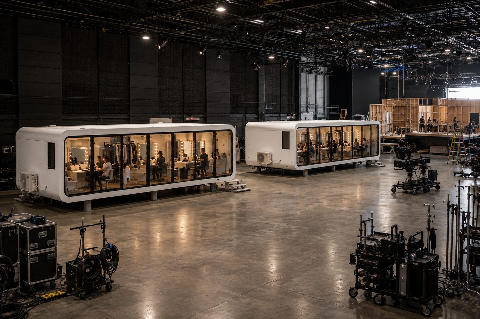 Two NanoNest units placed inside a soundstage as hair, makeup and wardrobe rooms