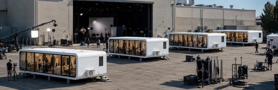Four NanoNest modular units set up as talent and makeup rooms outside a soundstage with a film crew working