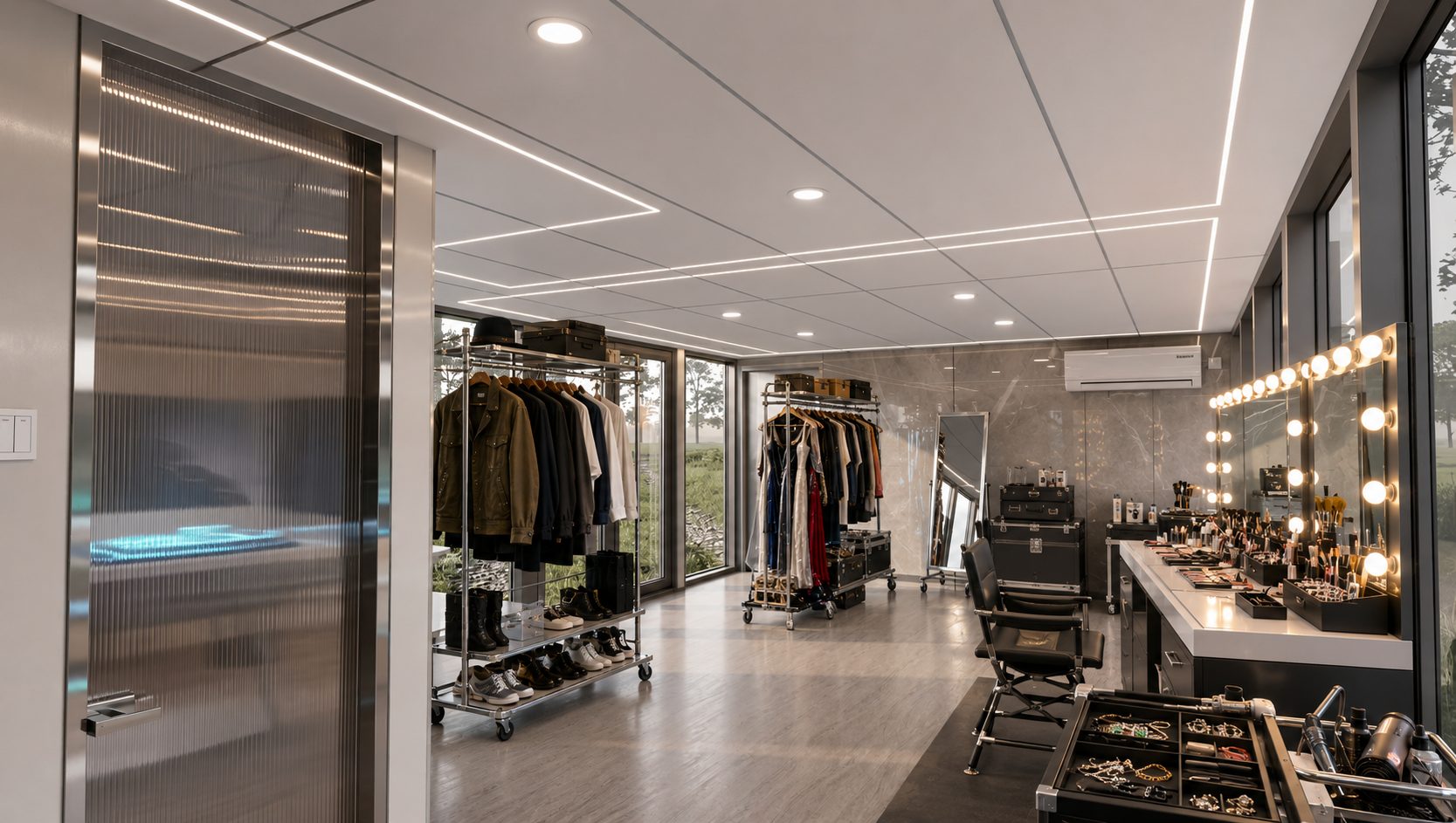 Interior of a NanoNest configured as a wardrobe and makeup room with lit mirrors and garment racks