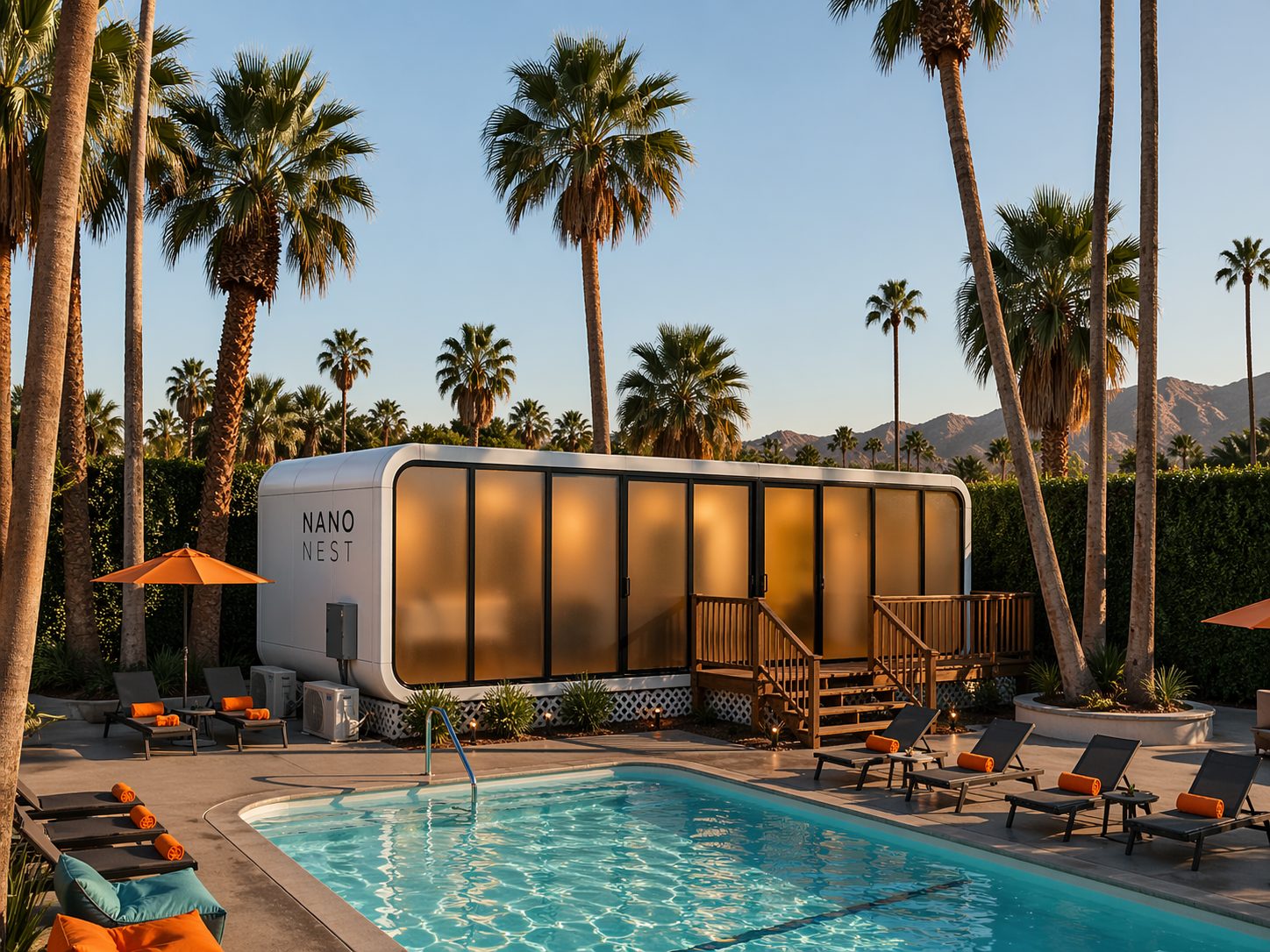 Modular glamping unit beside a resort pool framed by palm trees
