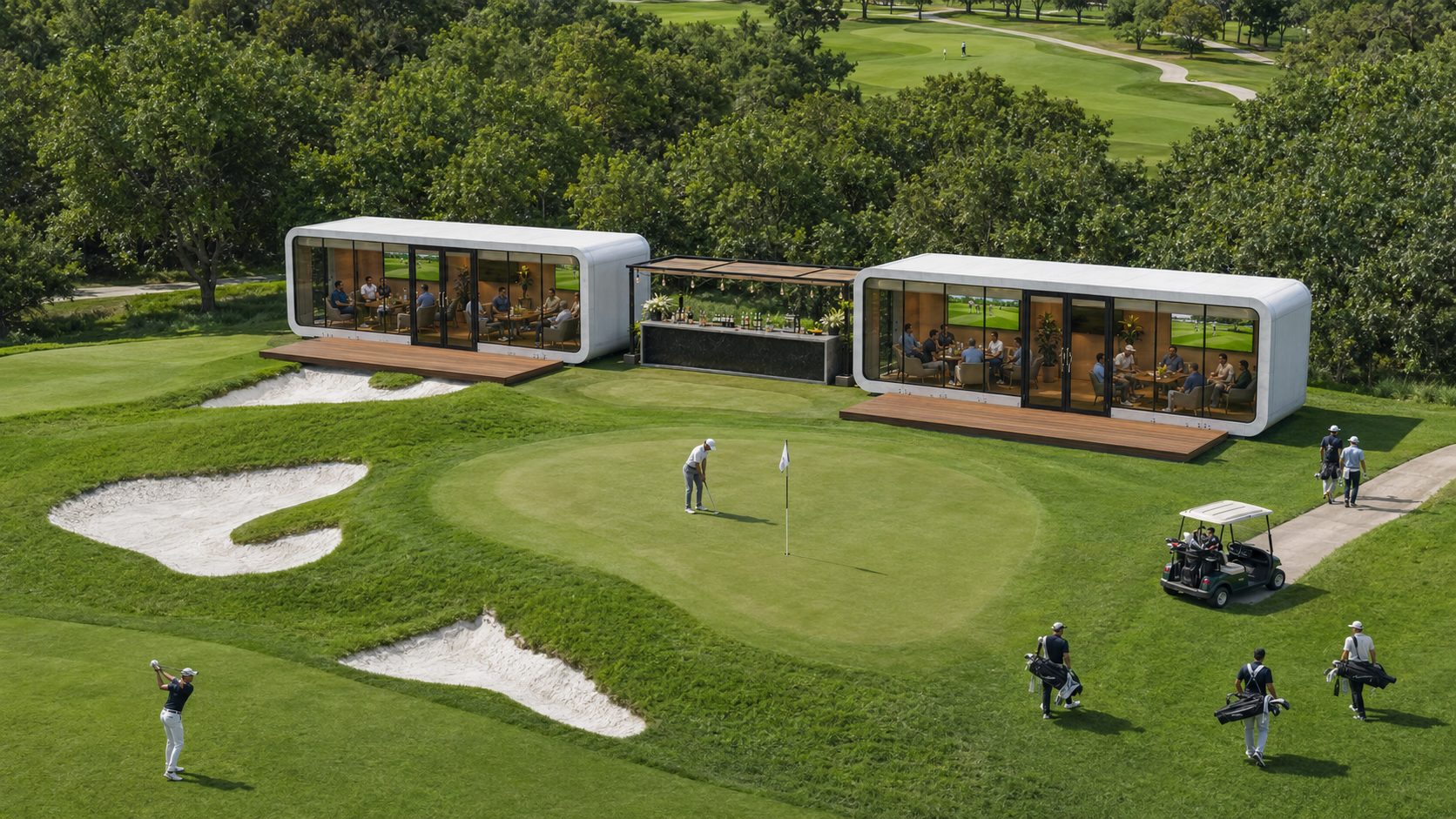 Golf course modular homes overlooking a green with players putting