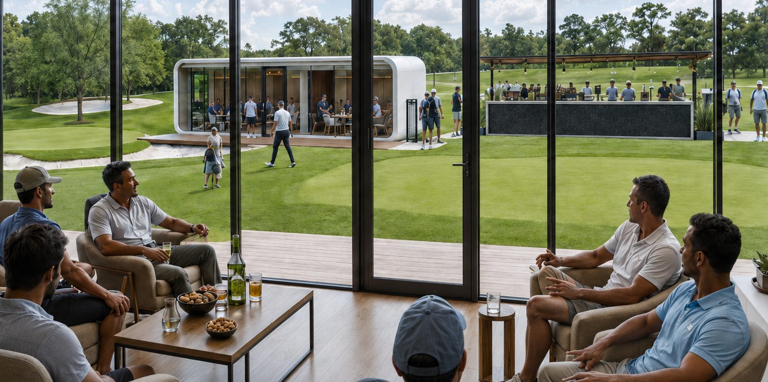Interior lounge of a modular golf unit looking out over the course