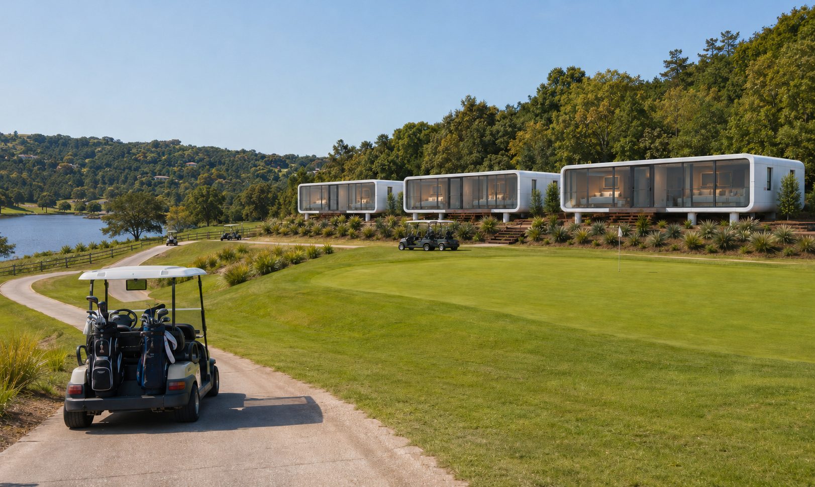 NanoNest golf villas on a lakeside course with a golf cart path