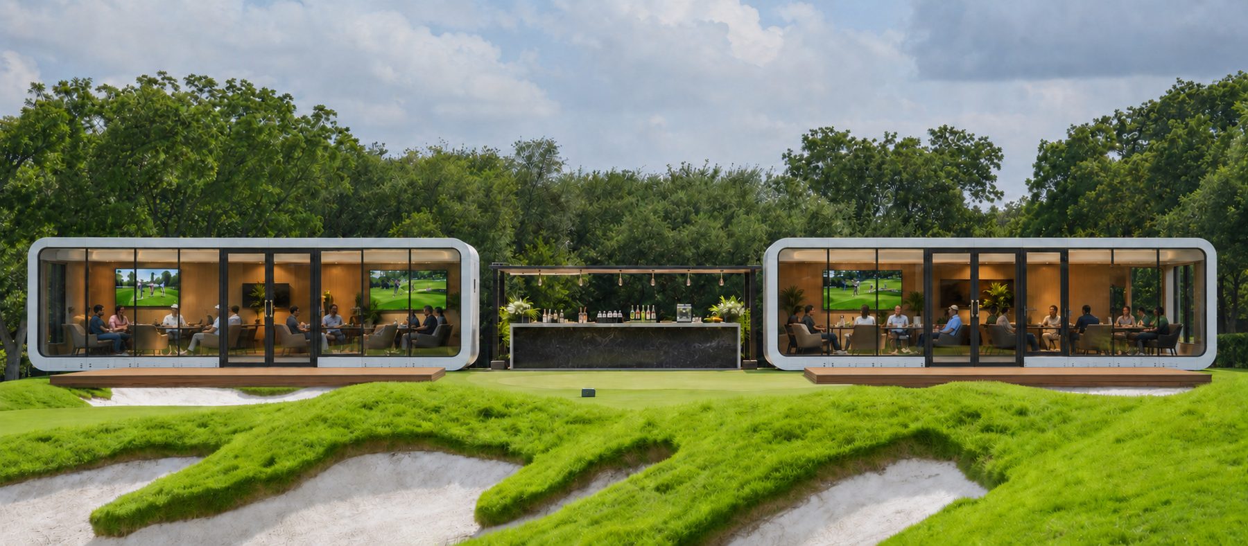 Modular golf course clubhouse and bar with panoramic glass onto the fairway