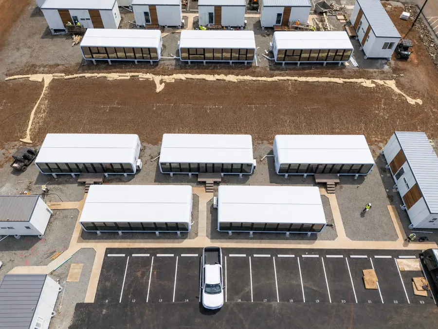NanoNest units being positioned in rows during installation at the Lahaina site
