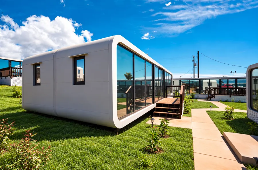 NanoNest modular unit with a wood deck at the Lahaina wildfire housing site in Maui