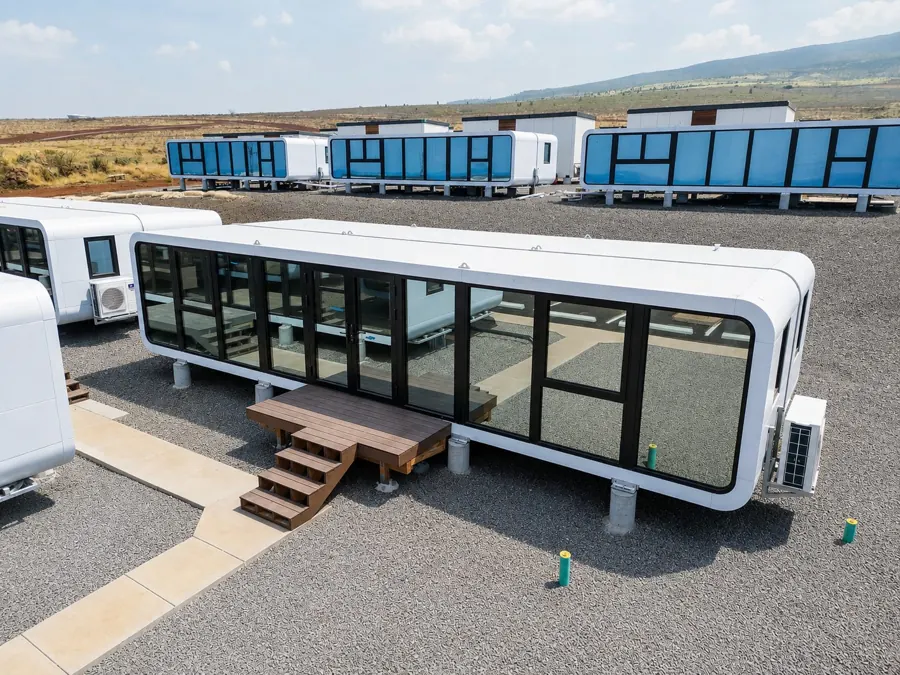 Newly delivered NanoNest units at the Lahaina site with protective window film in place