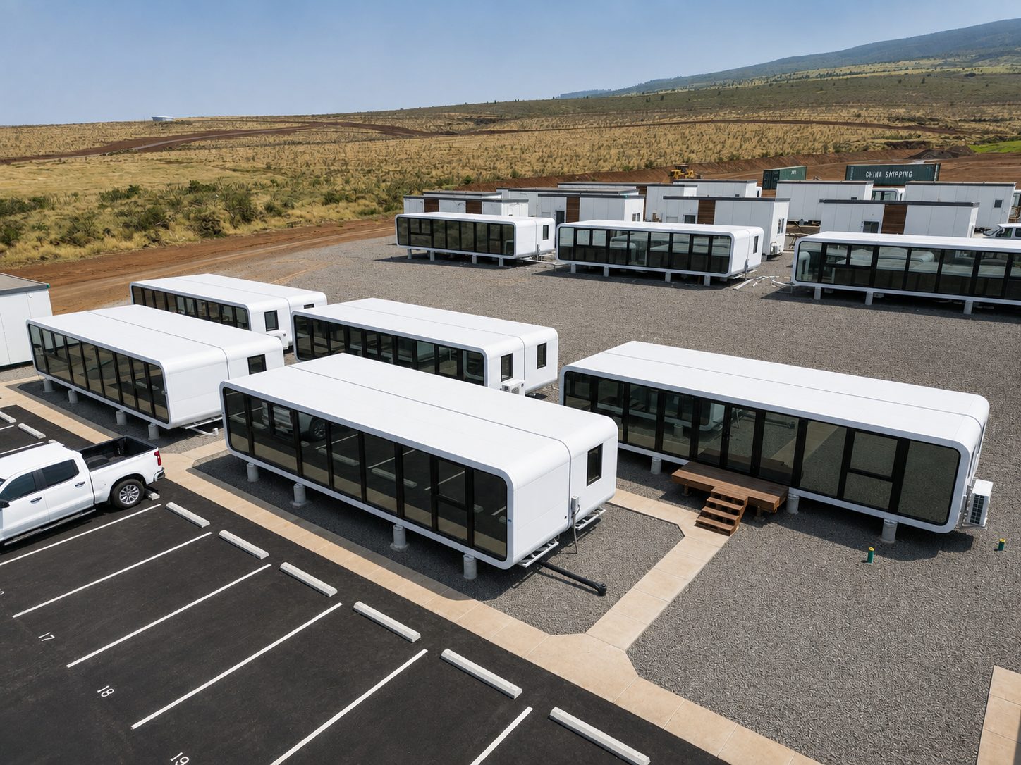 NanoNest modular units installed on pads with paved walkways at the Maui site