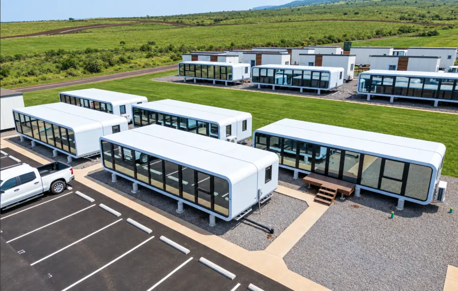Rows of NanoNest modular units installed for Lahaina wildfire housing in Maui