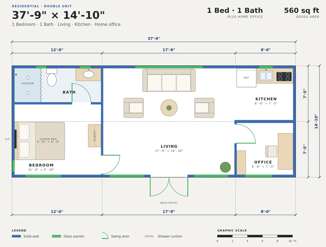Double Unit residential floor plan, 1 bedroom, 1 bath, living, kitchen and home office