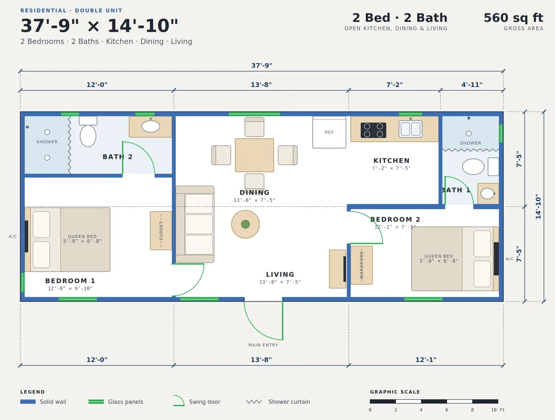 Double Unit residential floor plan, 2 bedrooms, 2 baths, kitchen, dining and living