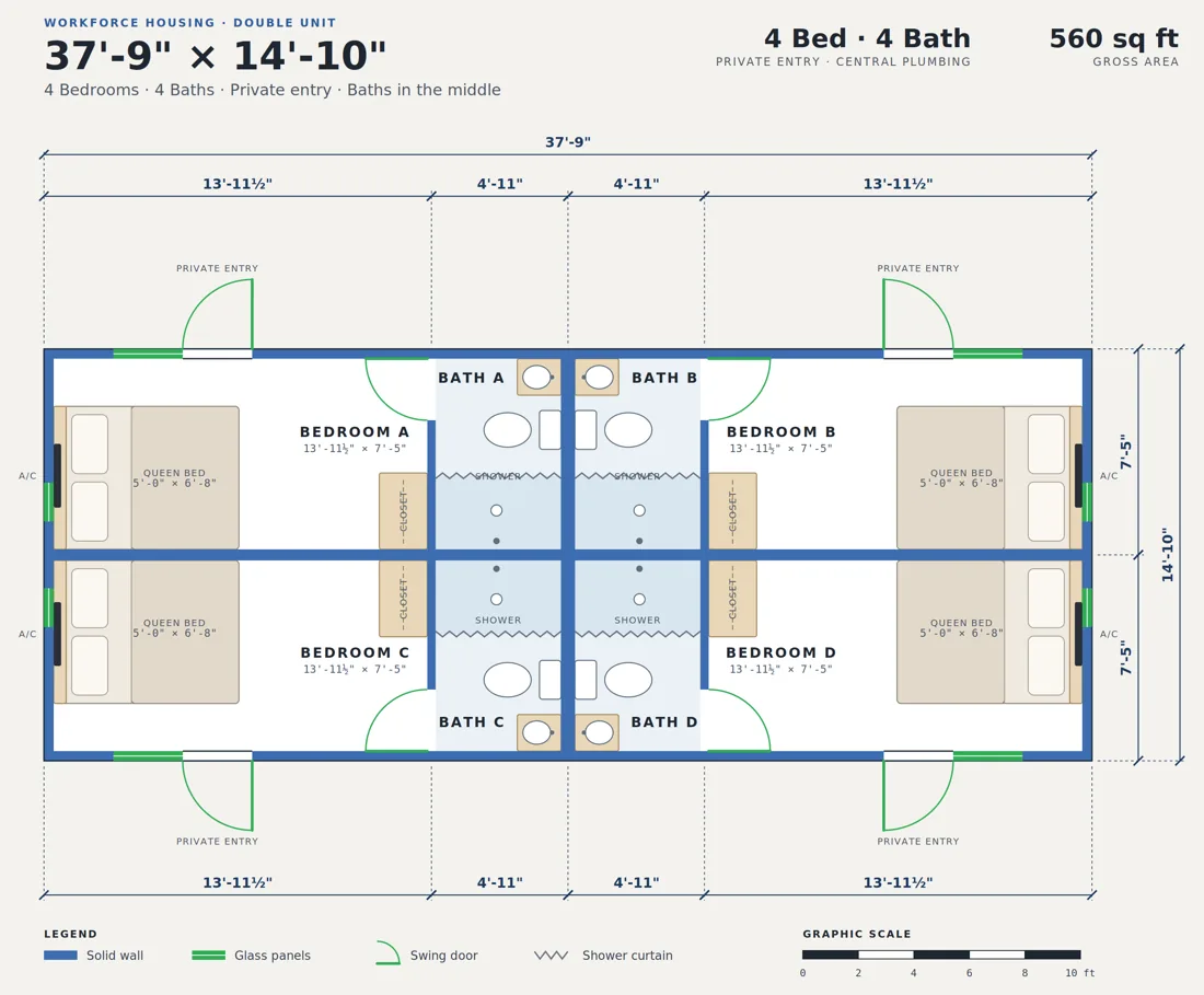 Double Unit workforce floor plan, 4 bedrooms and 4 baths with private entries