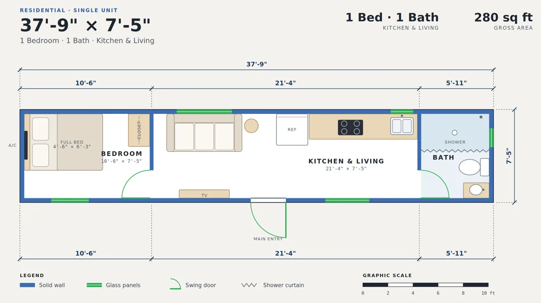 Single Unit residential floor plan, 1 bedroom, 1 bath, kitchen and living