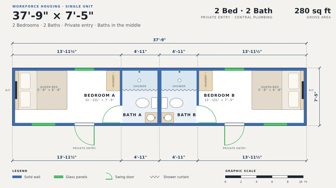 Single Unit workforce floor plan, 2 bedrooms and 2 baths with private entries