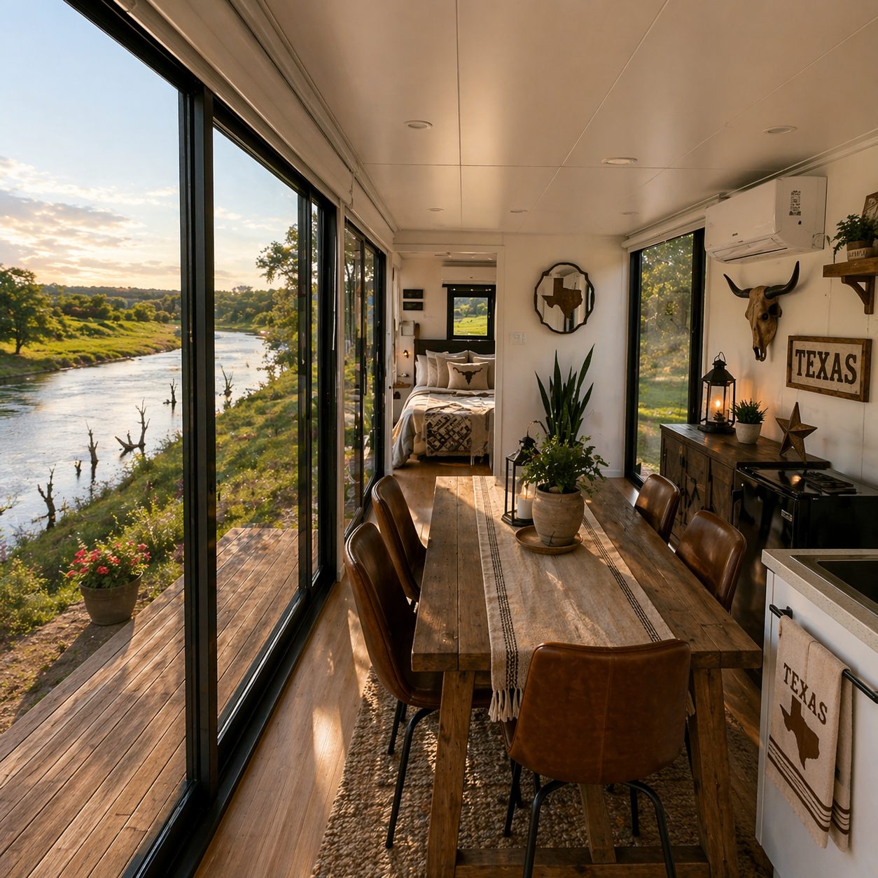 Texas-styled modular cabin interior with a wall of glass over a river