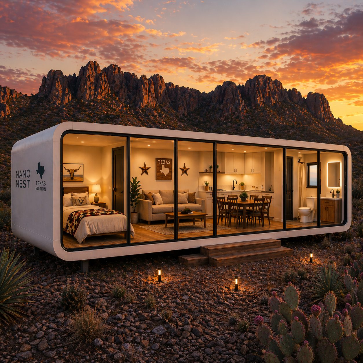 NanoNest Texas Edition modular ranch cabin at sunset below rugged hills