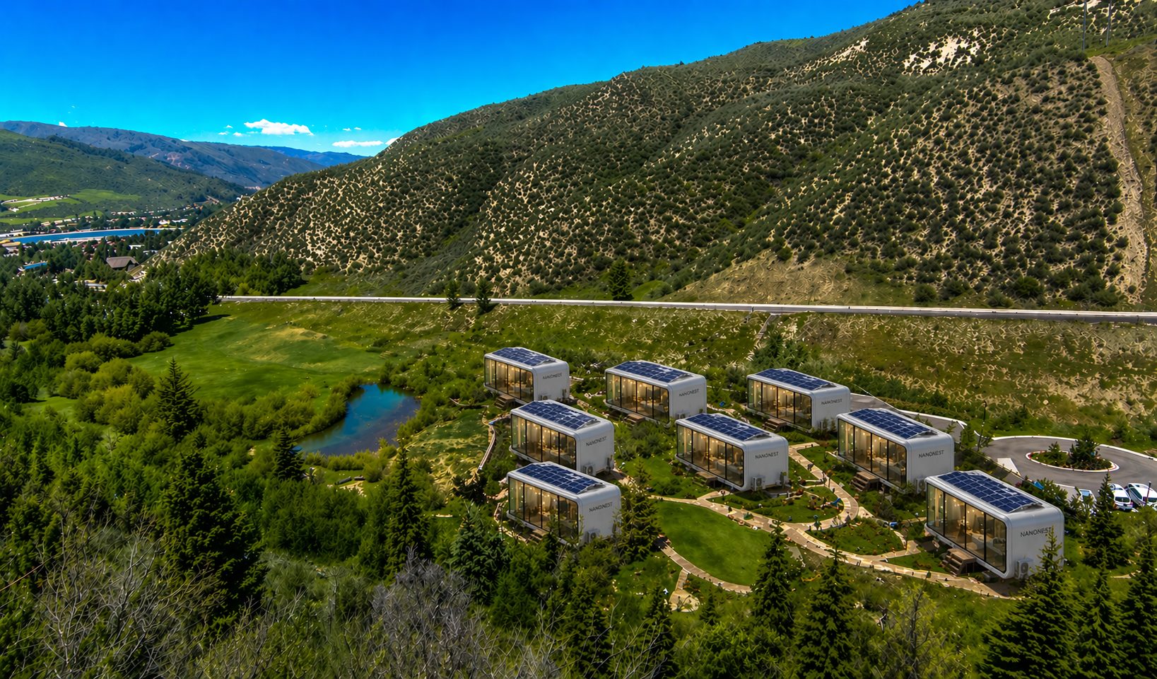 Modular resort villas with solar roofs terraced on a green mountain hillside