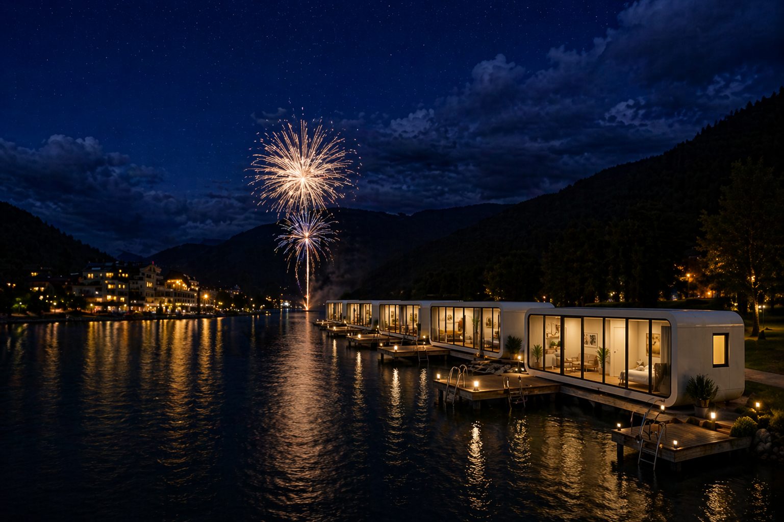 Modular lakefront resort suites glowing over the water at night