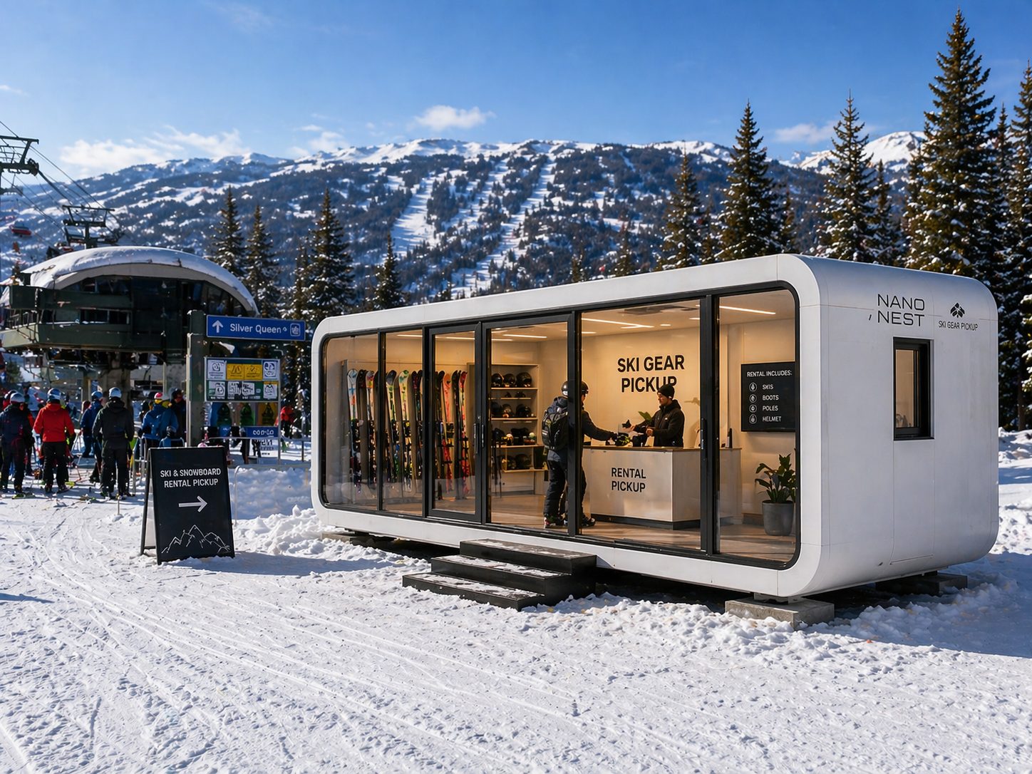 NanoNest modular retail unit as a ski rental pickup at a mountain resort