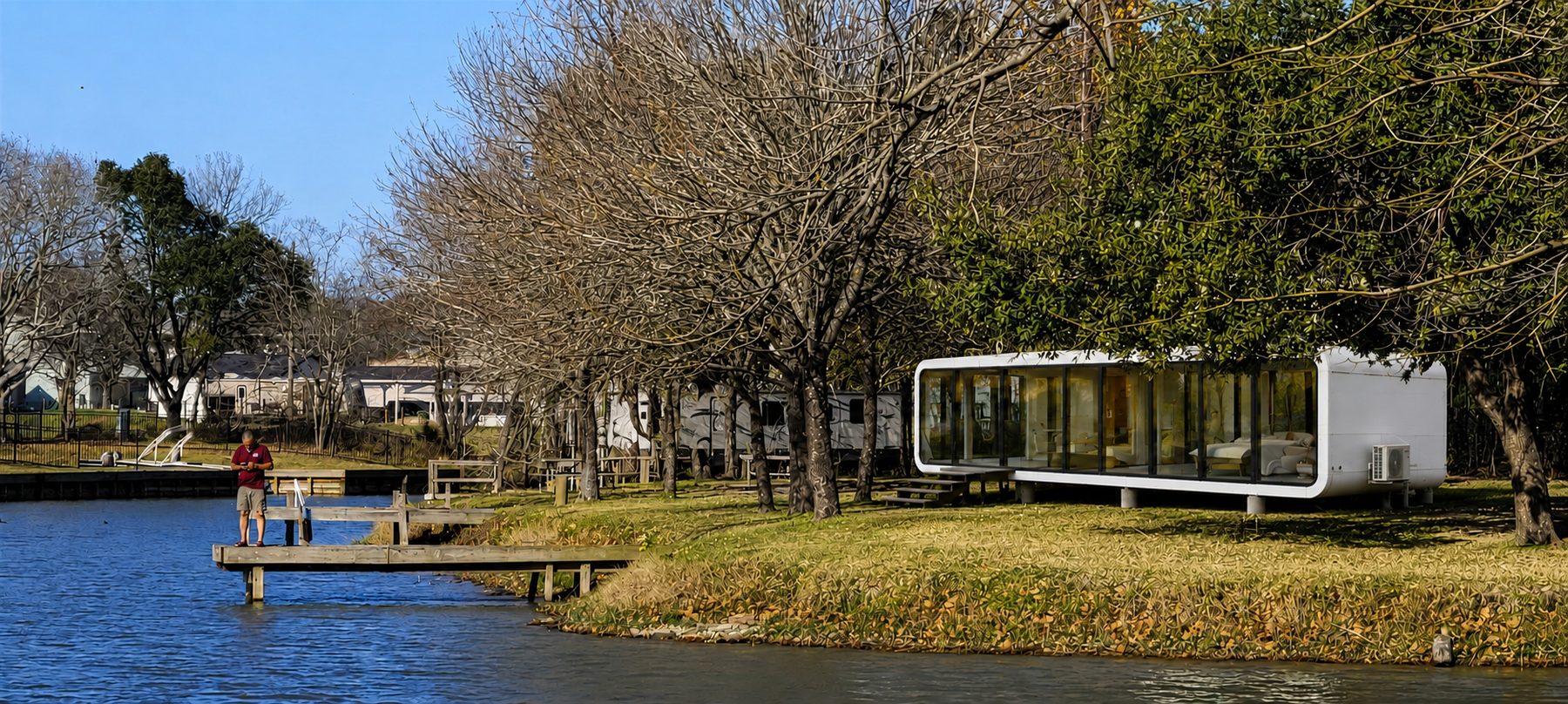 Modular RV cabin on a waterfront lot with a fishing dock