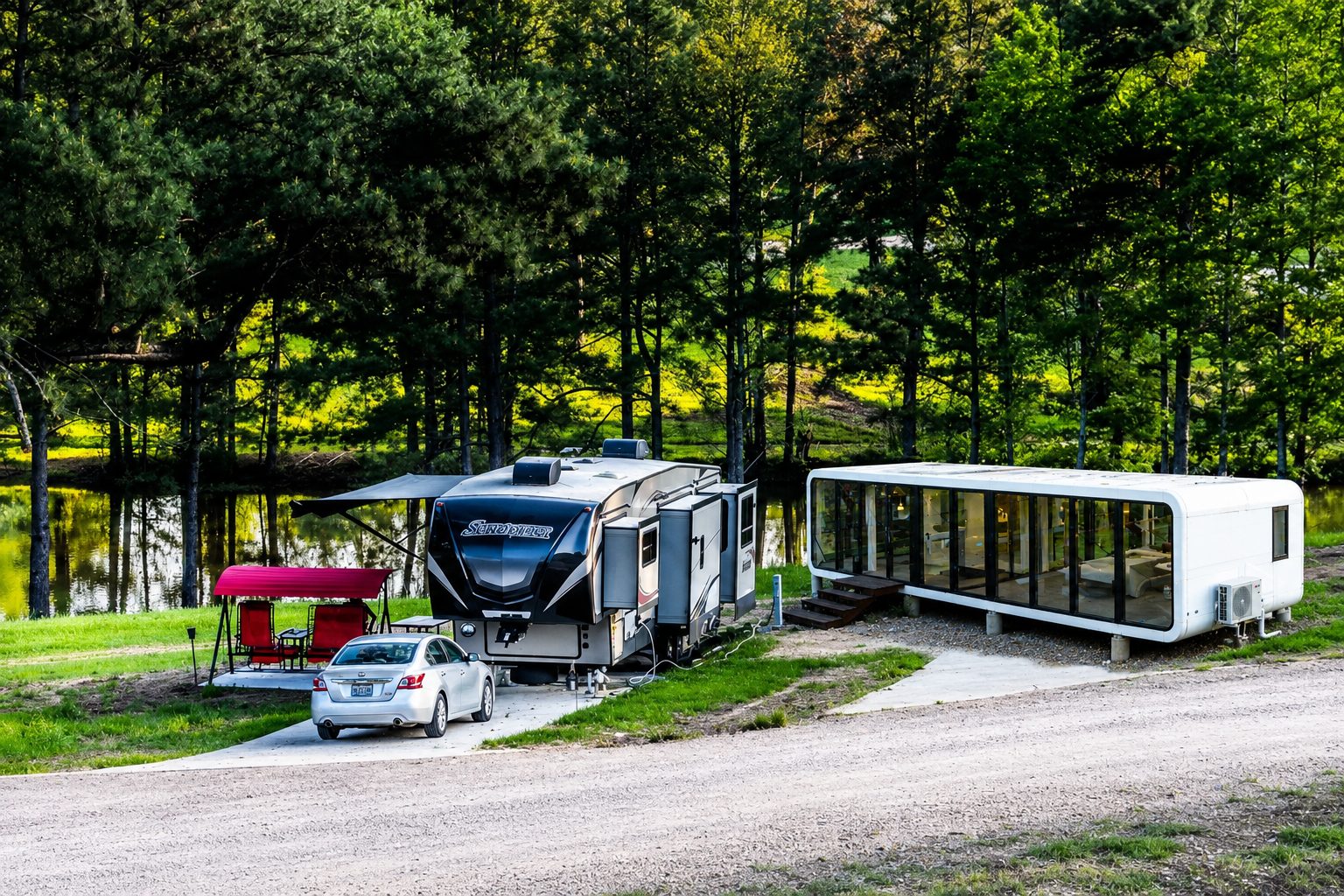 NanoNest modular cabin beside an RV at a wooded lakeside site