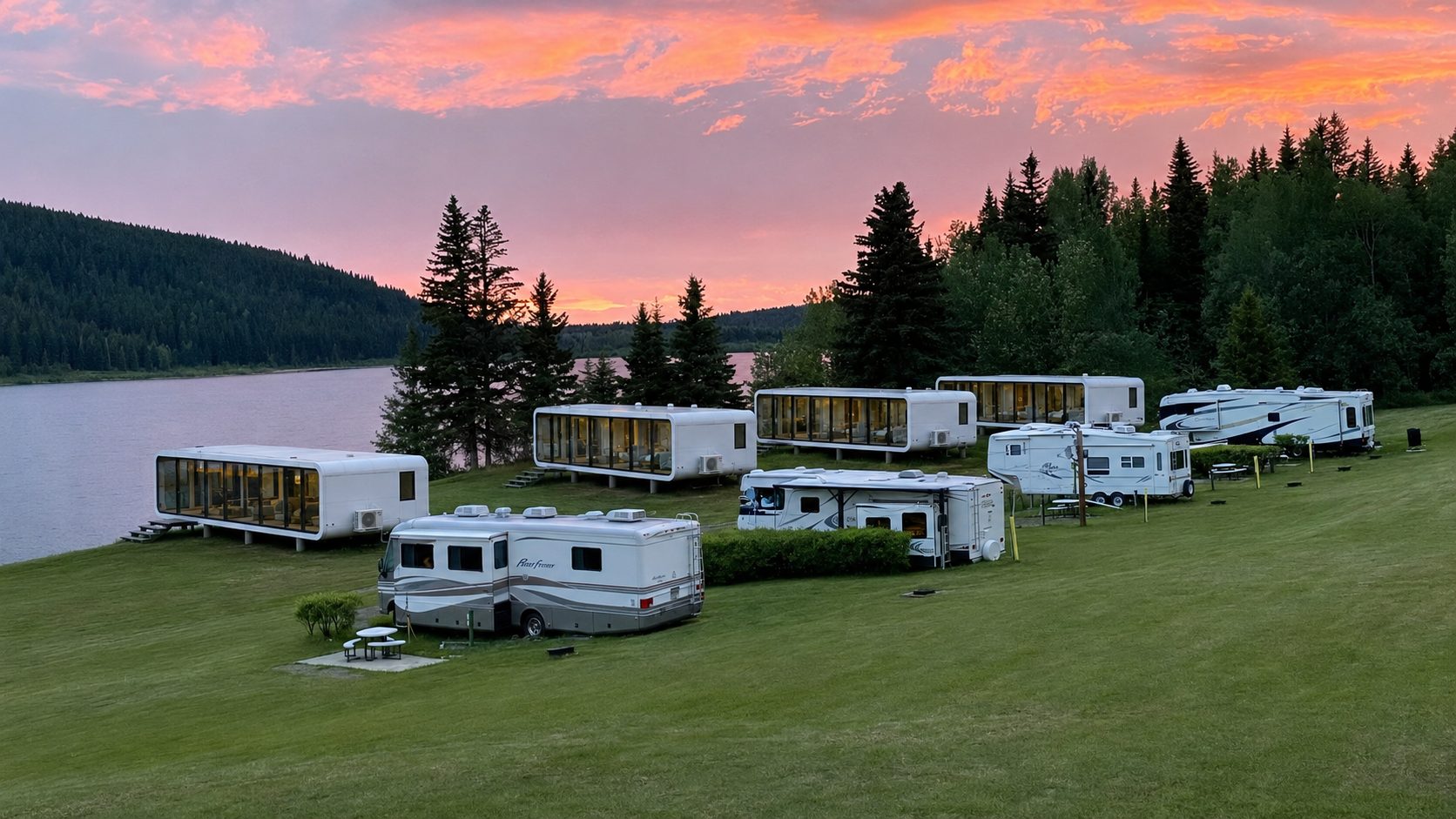 Modular RV park cabins and campers along a lake at sunset