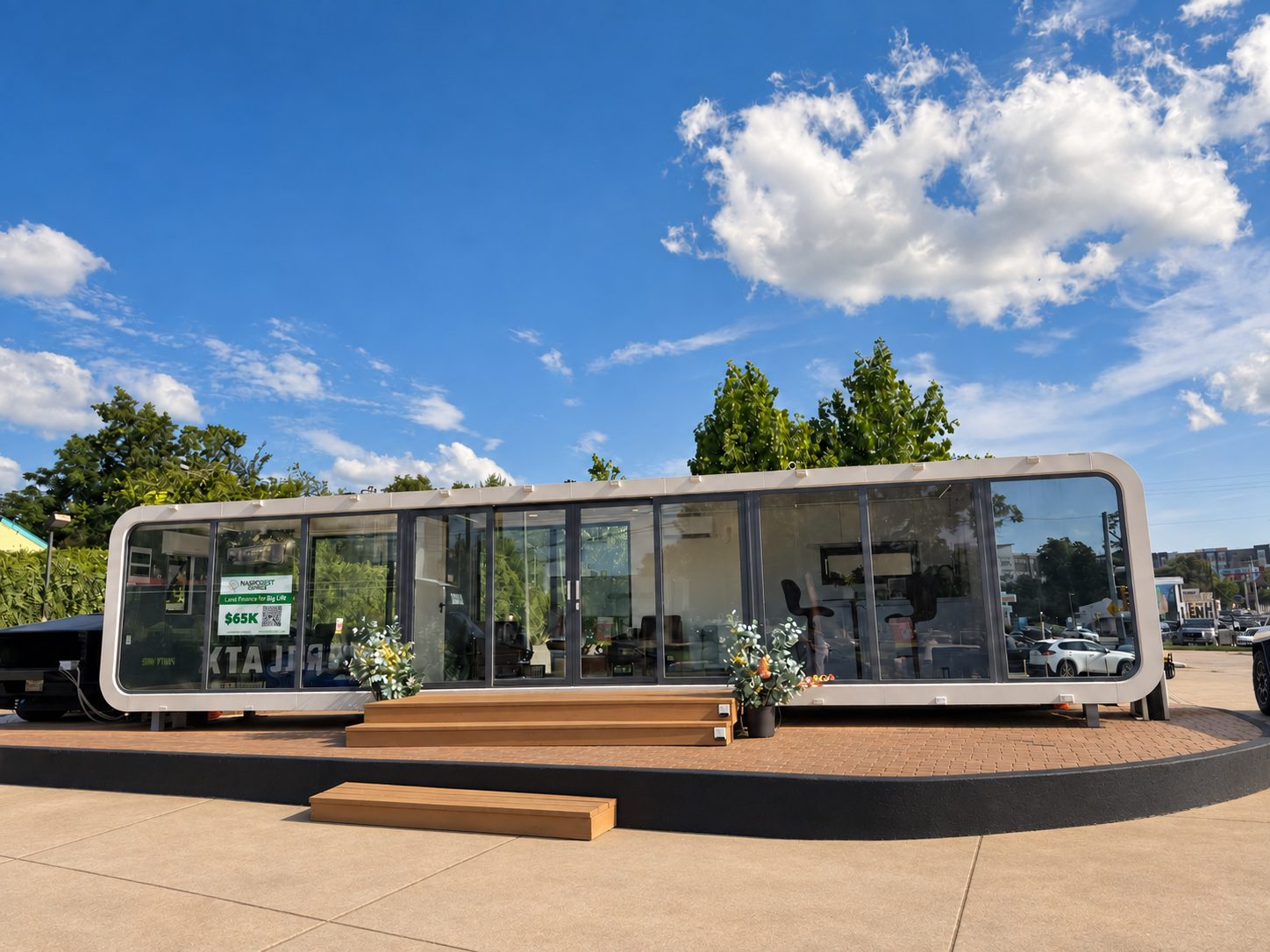 The NanoNest Texas showroom seen from Barton Springs Road, Austin — a modular cabin on a raised brick deck with wooden entry steps