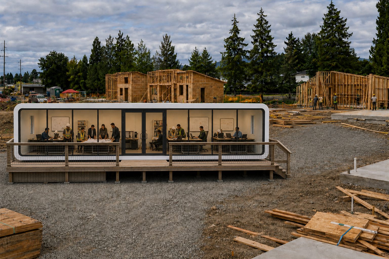NanoNest modular field office with project teams working at a residential construction site