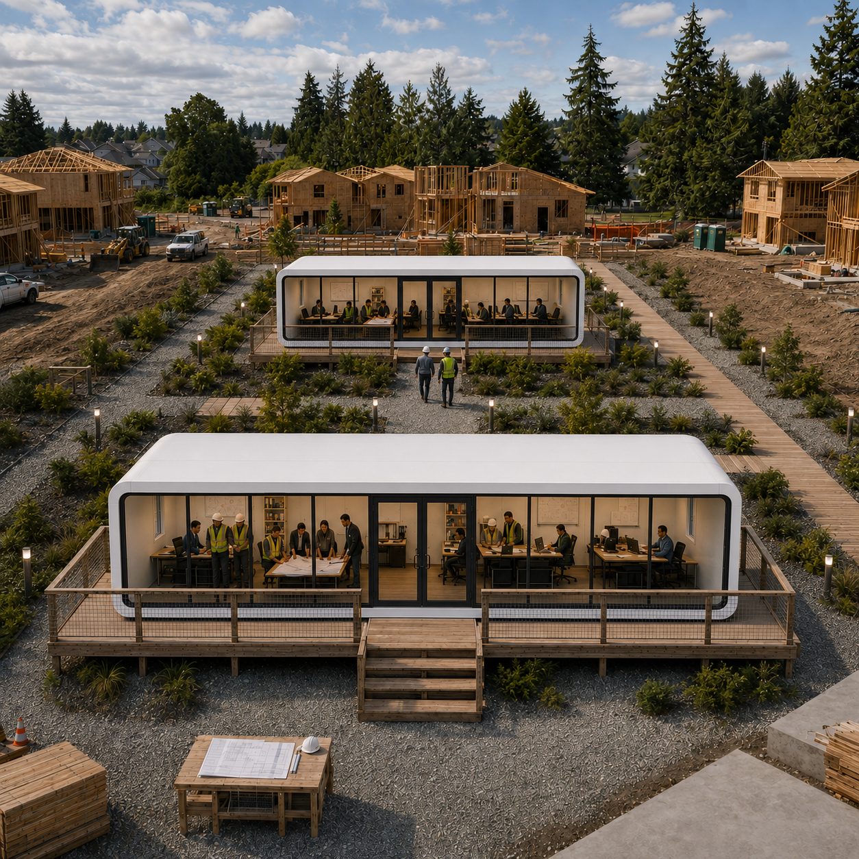 Two NanoNest modular site offices at an active housing development