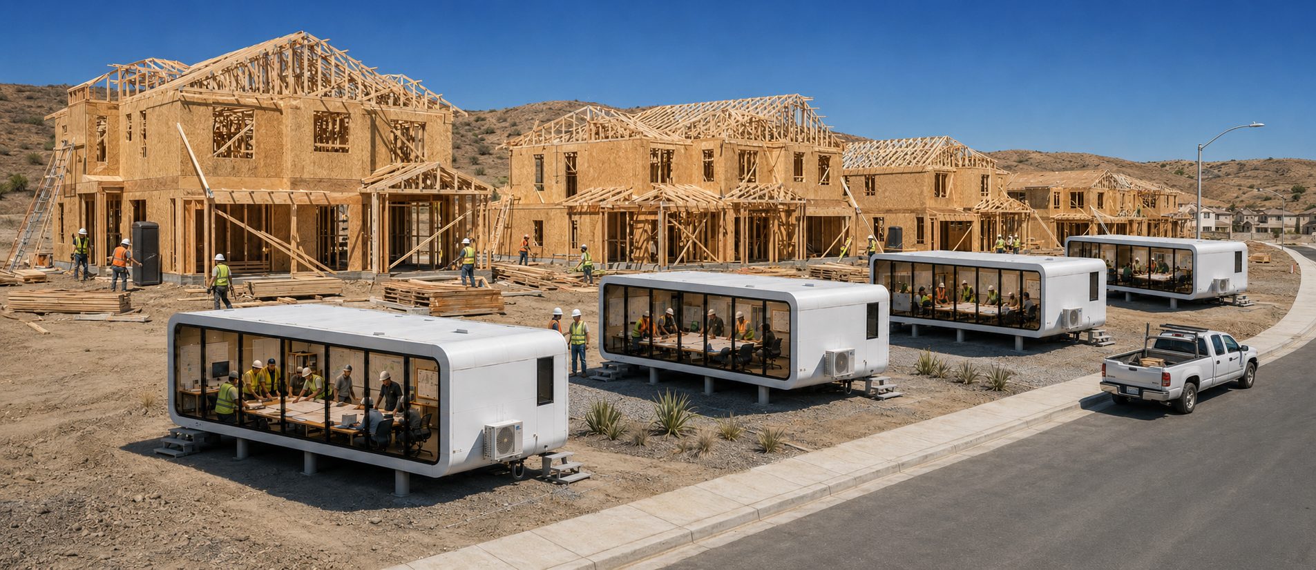 Four NanoNest modular units deployed in a row at a project site