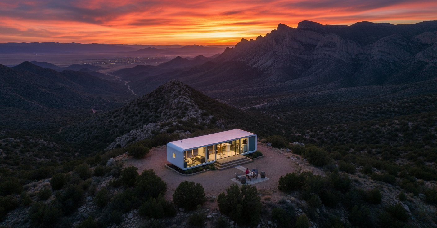 NanoNest modular rental cabin against mountains at sunset