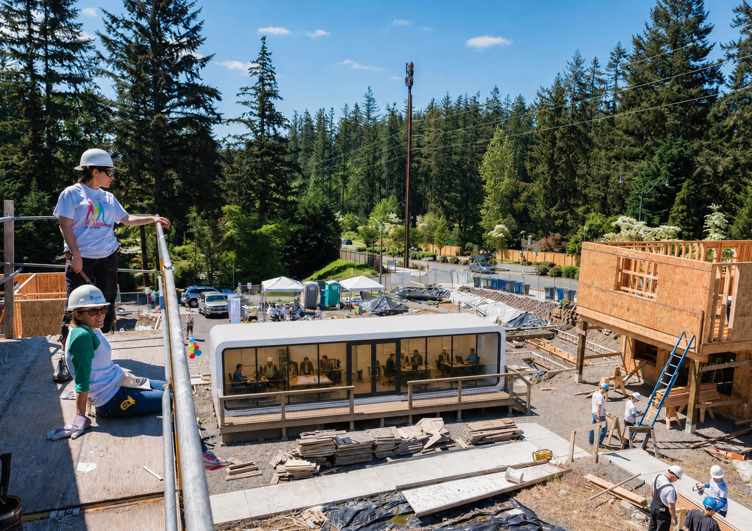 NanoNest modular crew quarters and site office at a remote construction project