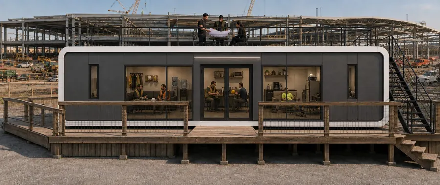 NanoNest modular site office at an industrial construction site with crews inside and a rooftop meeting deck
